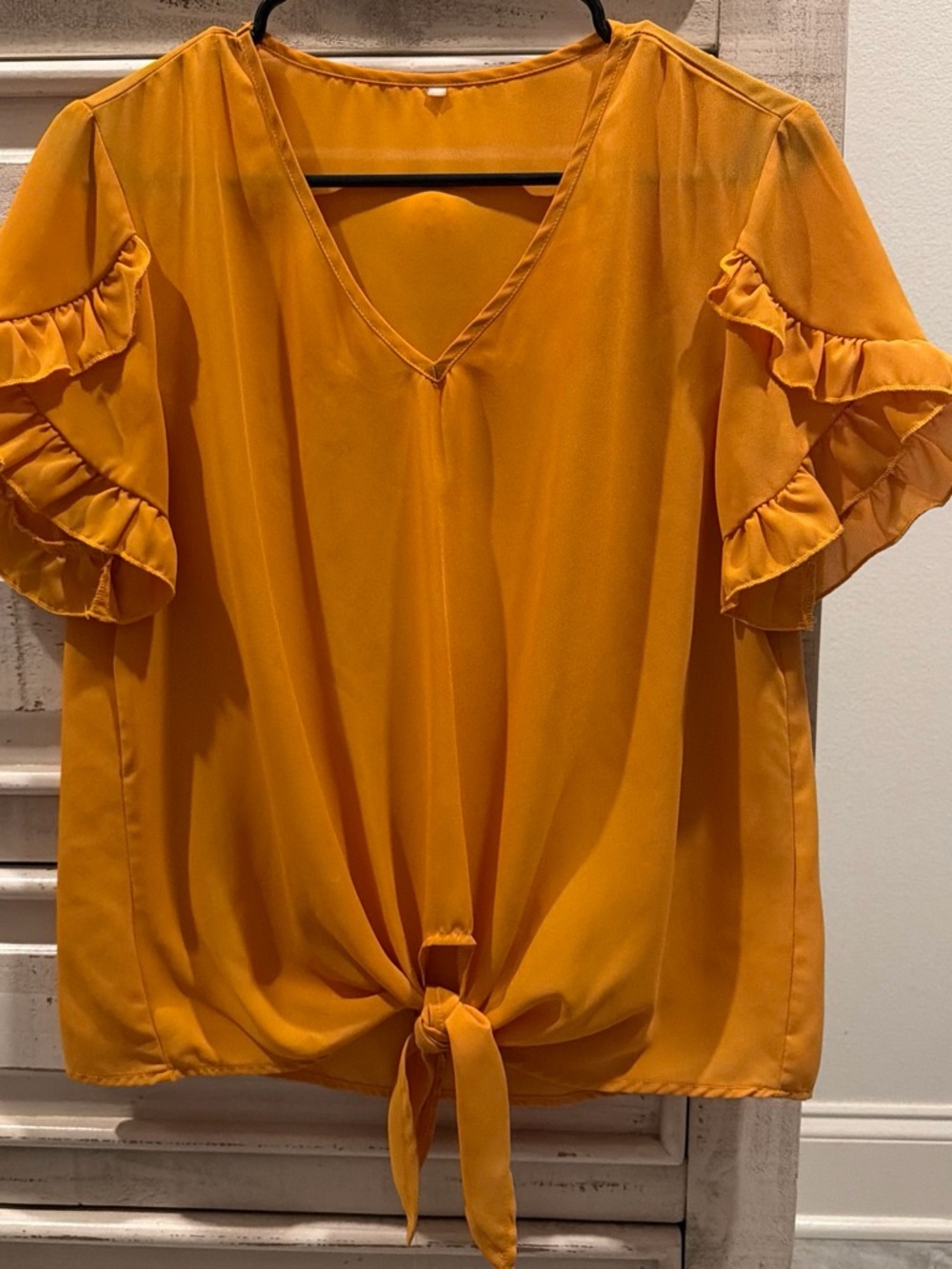 SHEIN Mustard Tie-Front Ruffle Sleeve Blouse